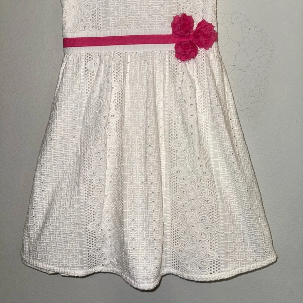 Lilly Pulitzer Girls White Lace Dress with Pink Rosettes and Trim Size 5